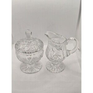 Glass Milk Jug Sugar Dish with Lid Cut Crystal Poland, 1960s